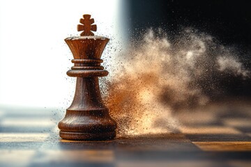 wooden chess king piece disintegrating into dust particles on a checkerboard surface with contrasting light and dark background creating a dramatic effect