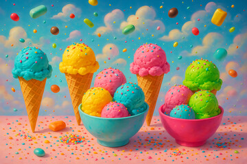 Colorful scoops of rainbow ice cream in waffle cones and bowls surrounded by candy in a fantasy sky dessert celebration concept for national hot fudge sundae day