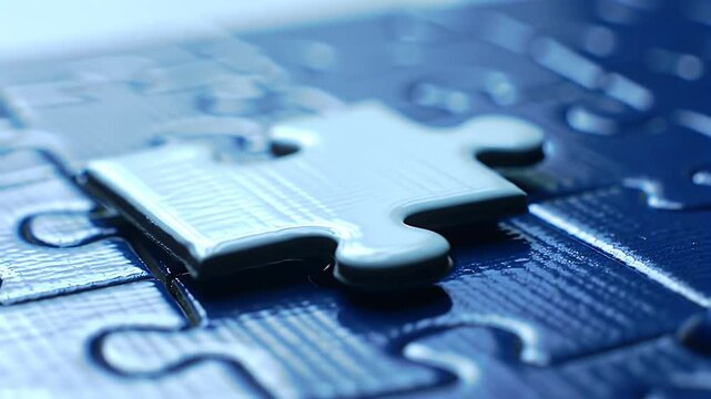 Single White Puzzle Piece Overlapping with Blue Jigsaw Puzzle With Interlocking Pieces Creates a Symbolism of Completion and Problem Solving