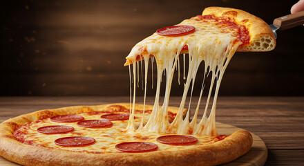 Slice of pepperoni pizza held in mid-air with cheese stretching
