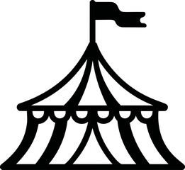 Black and white silhouette of a circus tent with a waving flag
