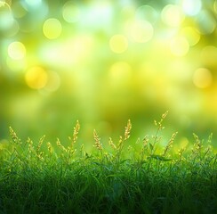 Obraz premium Close-up view of green grass and golden grass heads with blurred yellow and green bokeh light in background creating a peaceful natural atmosphere