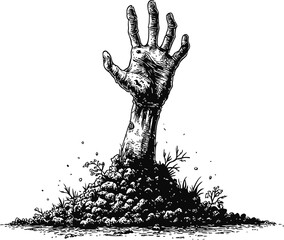 Skeleton hand emerging from grave with plants in black and white illustration