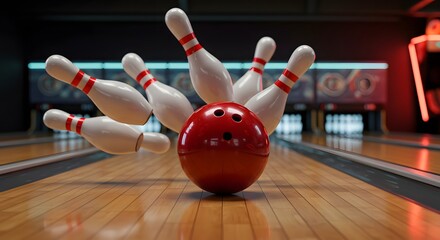 Bowling ball strikes and scatters pins on a polished wooden lane in a bowling alley.