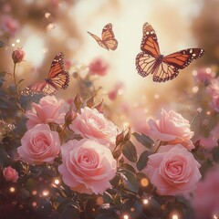 Three orange and black butterflies flutter above blooming pink roses in a soft, dreamy garden setting with warm sunlight and gentle bokeh highlights