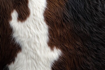 Close-up texture of soft cowhide with distinctive white, brown, and black fur patterns