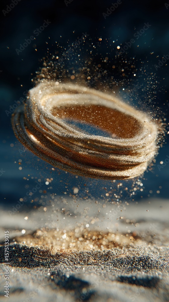 Aufkleber a shimmering golden coil hovering above a surface with sparkling particles in a dark blue background