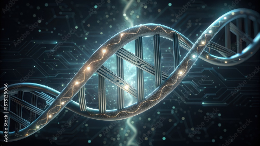 Poster 3d render of dna helix with circuit background and gigapixel detail