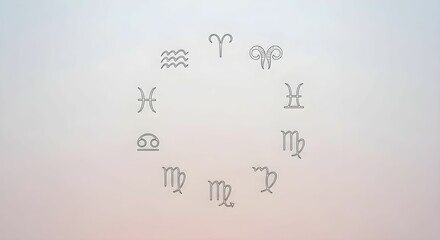Zodiac symbols arranged in a circular layout against a soft gradient background