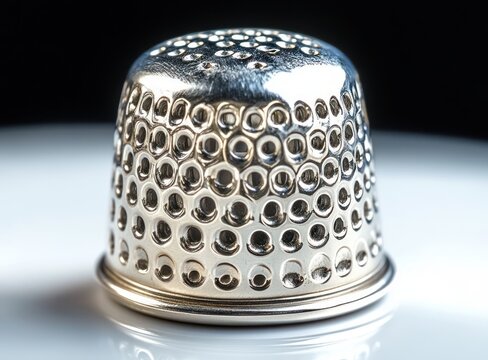Close-up of a shiny metallic thimble with circular indentations on a reflective surface against a dark background