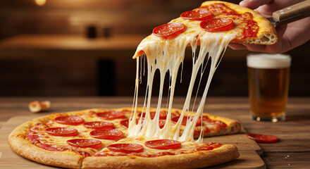 Slice of pepperoni pizza held in mid-air with cheese stretching