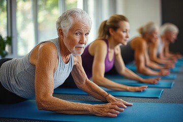 Group of elderly and middle-aged women exercising on blue yoga mats indoors in a bright room performing a plank pose focusing on strength and balance