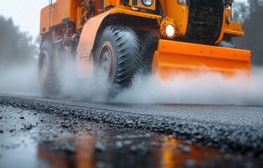 close-up of an orange road roller machine smoothing wet asphalt on a rainy day with water splashing around the tire
