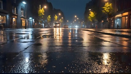 Naklejka premium Car driving through a city street during rainy weather, with reflections on the wet asphalt and raindrops falling, creating a cinematic and moody urban atmosphere