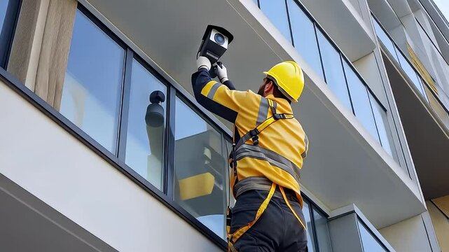 Construction Worker in Yellow Safety Gear Installing Security Camera on Modern Building Exterior under Blue Sky