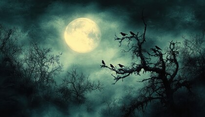 Full moon glowing through misty night sky above eerie barren trees with silhouetted black birds perched on gnarled branches creating a mysterious and haunting atmosphere