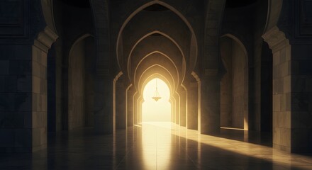 Obraz premium Interior view of a corridor with arches, leading to a bright light source at the end.