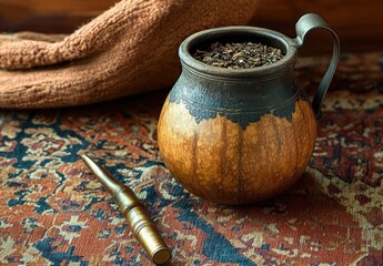 Close-up of dried tea leaves in a rustic metal and wooden cup with a metal pipe resting on a patterned carpet alongside a brown textured fabric