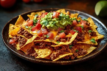 Plate of loaded nachos topped with ground beef, melted cheese, diced tomatoes, fresh cilantro, and guacamole on a dark plate