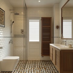 modern bathroom with tiled floor, wooden cabinets, white subway tile walls, glass shower enclosure, and natural light through shuttered window