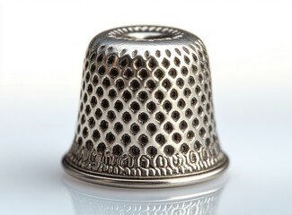 close-up of a metallic sewing thimble with textured surface and intricate patterns reflecting on a smooth surface