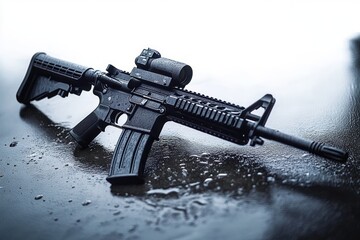 Black tactical rifle with scope lying on wet reflective surface with water droplets