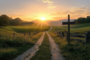 Dirt country road at sunrise with wooden fence and cross-shaped signpost surrounded by green grassy fields and distant trees under a glowing sky