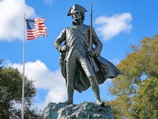 Bronze statue of a historical soldier wearing colonial military uniform holding a musket standing on a rock pedestal with a waving American flag and trees under a blue sky with clouds
