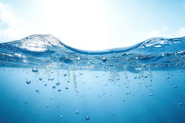 Underwater view showing clear blue water with air bubbles rising towards the surface under bright light