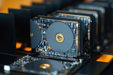 Close-up of multiple computer graphics cards arranged in a row with visible circuit boards and cooling components under warm lighting