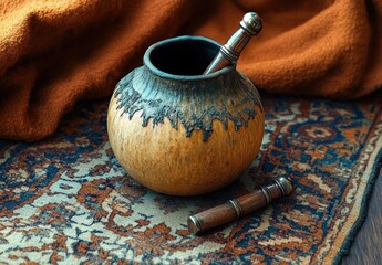 Traditional round wooden container with a rustic top and two metallic wooden tamper tools placed on an ornate patterned textile near a warm textured fabric