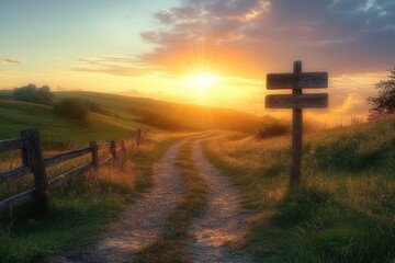 sunset over a winding dirt path through green countryside fields with wooden fence and blank signpost on the side, peaceful and serene atmosphere