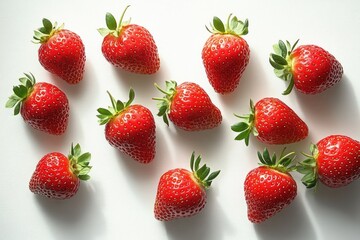 Fresh ripe strawberries with green leaves arranged on a white surface, bright red color and natural shadows showing freshness and natural beauty