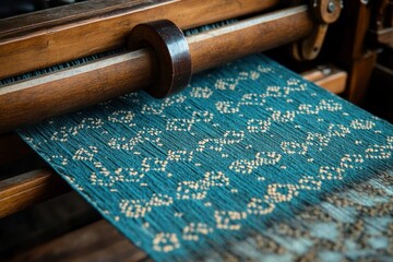 Close-up of a wooden weaving loom creating blue fabric with delicate beige floral patterns, showcasing traditional textile craftsmanship