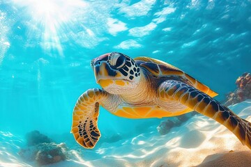 Obraz premium Underwater view of a sea turtle swimming gracefully with sunlight filtering through clear blue water and sandy ocean floor below