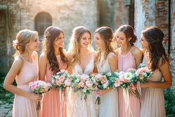 Group of six women dressed in elegant light pink and white dresses holding beautiful bouquets of pink and white flowers, smiling warmly in a sunlit courtyard with old brick walls