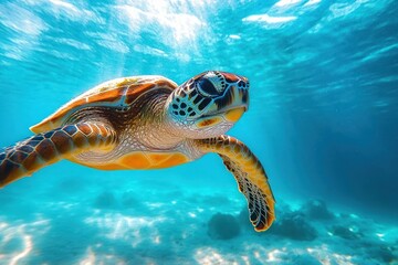 Fototapeta premium Close-up underwater view of a sea turtle swimming in clear blue ocean water with sunlight filtering through the surface