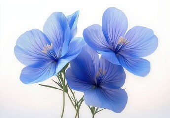 Delicate cluster of three vibrant blue flowers with intricate veins on petals and soft green stems against a bright white background
