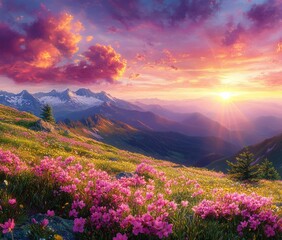 Vibrant sunset over a mountain range with pink wildflowers blooming on grassy slopes and dramatic colorful clouds in the sky