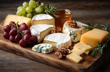 Assorted cheeses including soft brie, blue cheese, and hard cheese served on a wooden board with walnuts, green and red grapes, rosemary sprigs, and a jar of honey