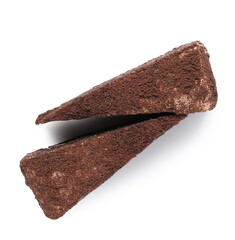 Pieces of tasty chocolate cake isolated on white background, closeup