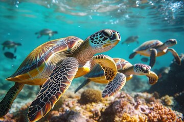 Fototapeta premium Group of sea turtles swimming gracefully underwater above a vibrant coral reef in clear blue ocean water