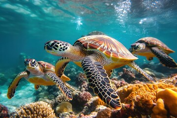 Obraz premium Three green sea turtles swimming gracefully above vibrant coral reef in clear blue ocean water