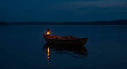 Naklejka premium A small boat sits on a calm lake at night, illuminated by a single lantern.