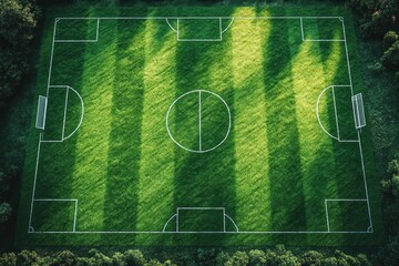Obraz premium Aerial view of a well-maintained soccer field with alternating light and shadow stripes surrounded by dense trees, evoking calm and natural beauty