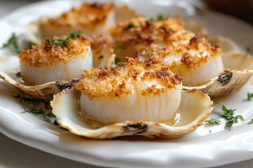 Close-up of baked scallops with golden brown breadcrumb topping served on half shell garnished with chopped herbs on white plate