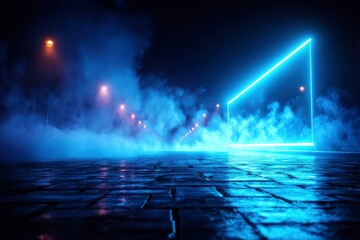 A neon blue square emits light on a cobblestone road with streetlights receding through heavy fog