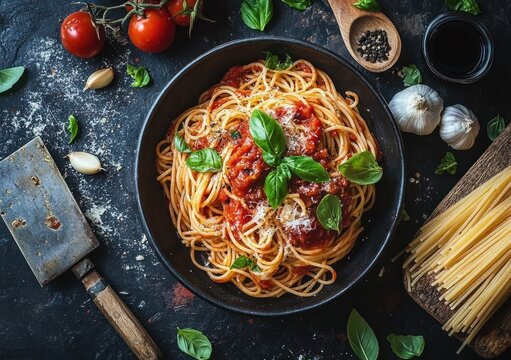 Overhead view of a bowl of spaghetti with tomato sauce, meatballs, fresh basil leaves, and grated cheese surrounded by tomatoes, garlic cloves, black pepper, and uncooked pasta on a dark surface
