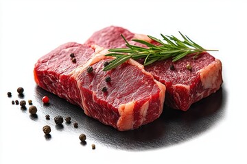 Two raw beef steaks garnished with whole peppercorns and a sprig of fresh rosemary on a dark surface, showcasing rich red meat texture and marbling under bright lighting