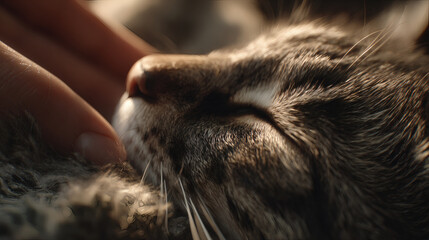 A close-up of a cat's paw reaching out to touch a hand. A tender macro shot of a small cat's paw with its soft pads gently reaching out to touch the tip of a human finger.